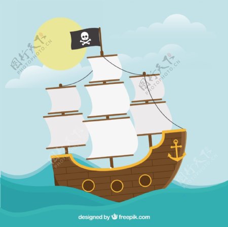 手绘海盗船背景平面设计素材
