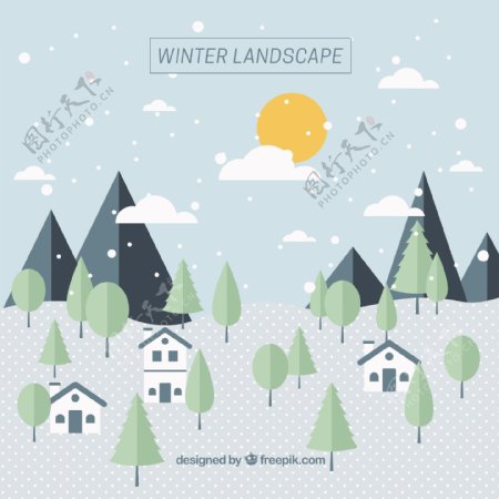 平面设计中的冬景与房屋树木背景