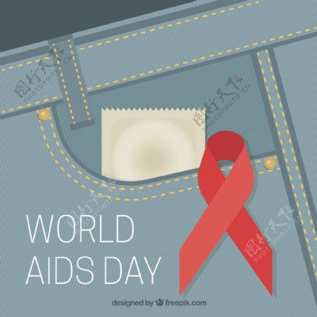 有世界艾滋病日避孕套背景的牛仔裤