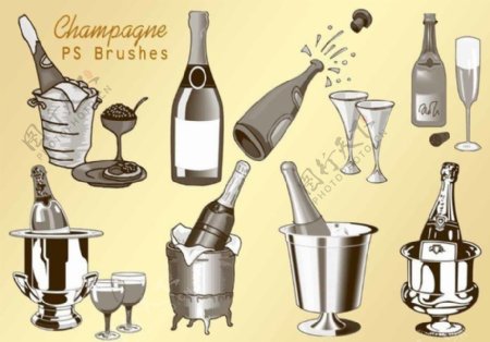 20种香槟酒瓶酒杯与葡萄酒瓶子造型Photoshop素材笔刷