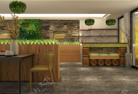 中岛造型原木吧台绿植工装效果图