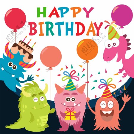 可爱卡通动物气球生日快乐背景