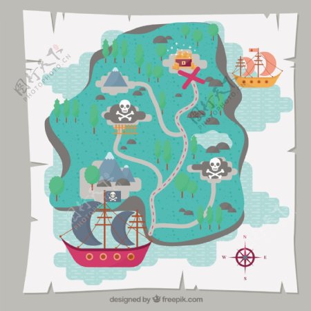 宝藏地图背景与海盗船