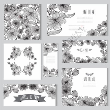 黑白植物花朵婚礼卡片模板下载