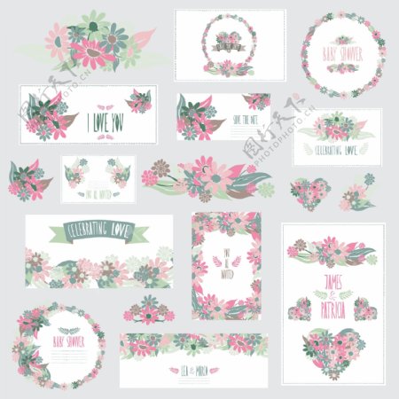 粉绿植物花朵婚礼卡片背景模板下载