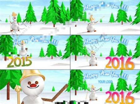 滑稽小雪人祝你2016新年快乐的3D动画AE模板