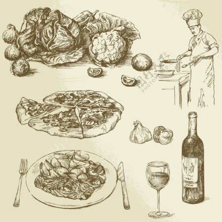 7款手绘厨师与食物矢量素材