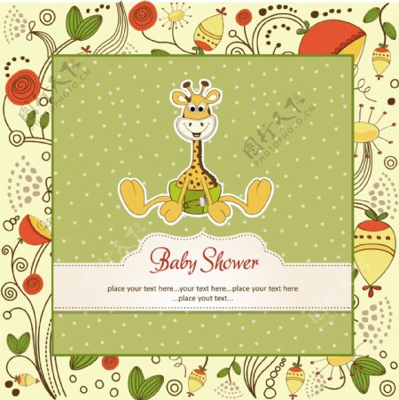 婴儿沐浴卡与婴儿长颈鹿和花卉背景