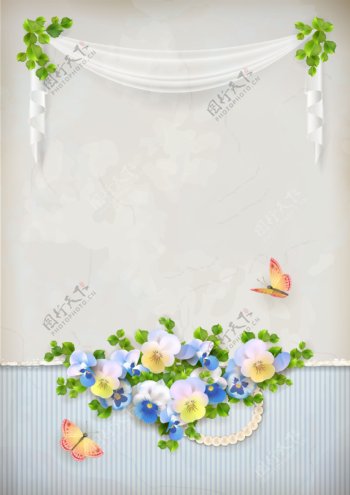 清新花卉蝴蝶背景矢量素材图片