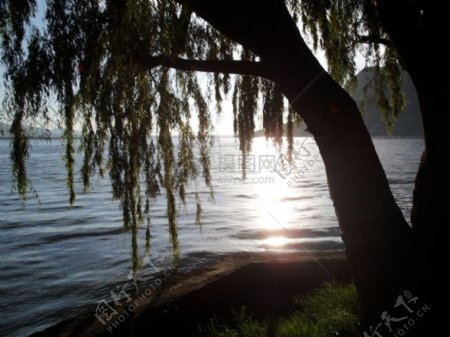 夕阳下平静的湖面