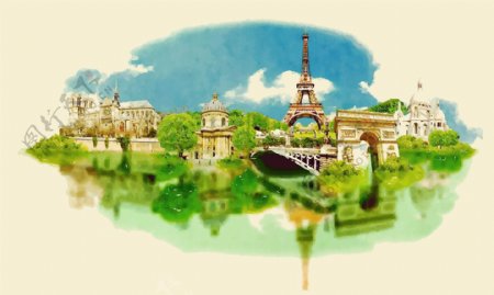 水彩绘法国建筑插画