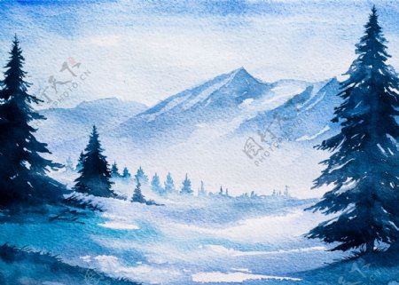 风景童话水彩画冬季森林河边矢量素材