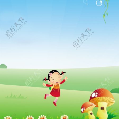 卡通女孩蘑菇花朵素材