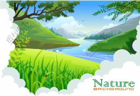 绿色自然风景蓝天草地大树溪流矢量图素材