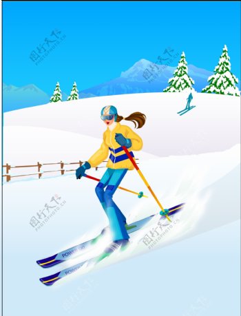 卡通雪地人物滑雪