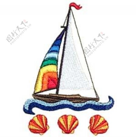 绣花交通工具帆船海贝色彩免费素材