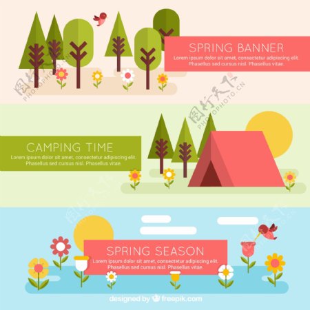 3款春季风景和露营banner矢量素材
