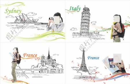 手绘线条建筑风景旅游插画图片
