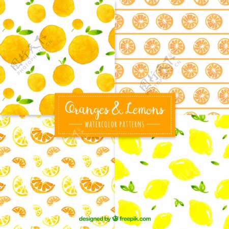 橙色和柠檬图案的水彩画风格