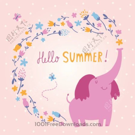 你好夏天矢量卡可爱的大象