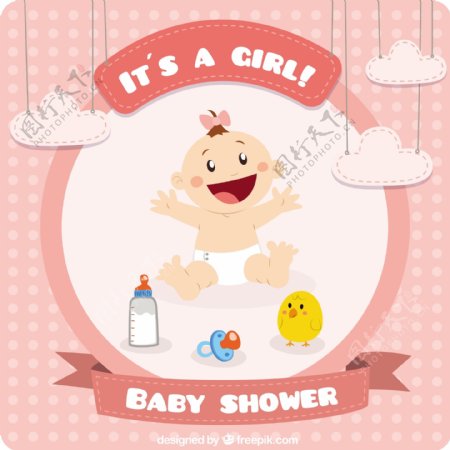 可爱的婴儿淋浴卡粉红色底图背景