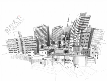 黑白素描城市建筑插画