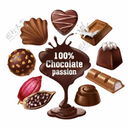套巧克力甜点和糖果的矢量图标液体巧克力和可可豆