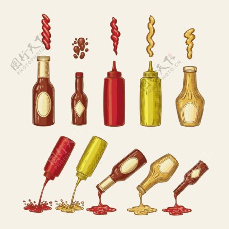 矢量雕刻风格设置不同的酱汁浇在瓶插图
