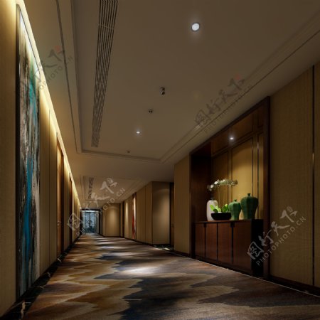 现代时尚酒店走廊绿色花瓶工装装修效果图