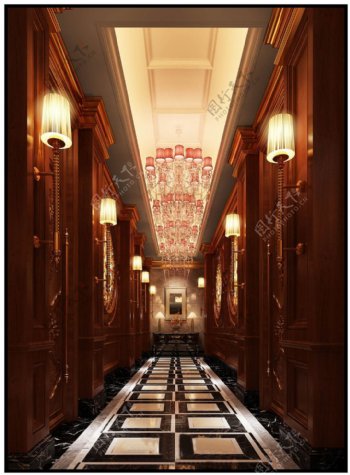 现代时尚酒红色背景墙酒店走廊工装装修图