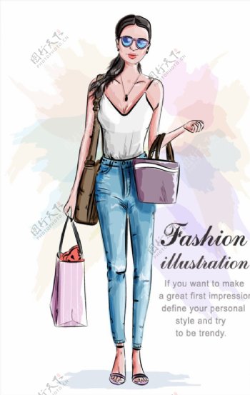 挎包的时尚年轻女性手绘插画