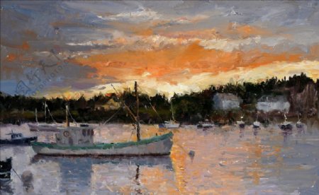 夕阳下的渔船油画