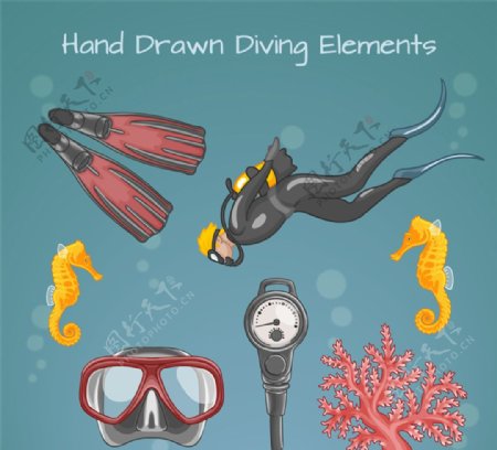 5款彩绘潜水元素矢量素材