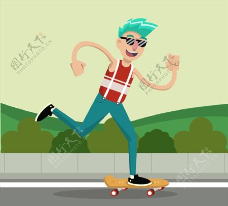 玩滑板的蓝发男子矢量素材