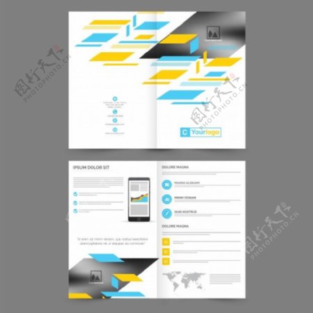 专业商务小册子模板空间添加图片创造性的抽象背景与天蓝色和黄色的几何元素