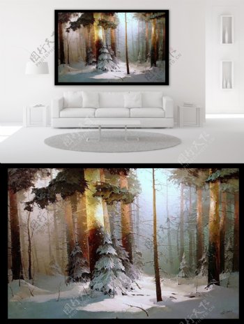 被白雪覆盖的森林油画装饰画