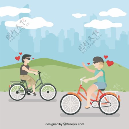 有趣的夫妇骑自行车与平面设计
