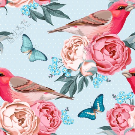粉色唯美小鸟和花朵背景
