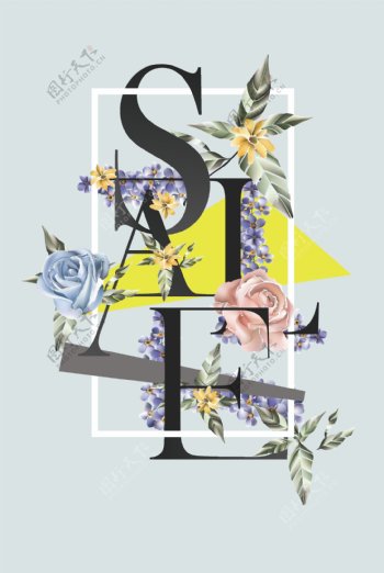 蓝灰复古花卉促销海报背景素材