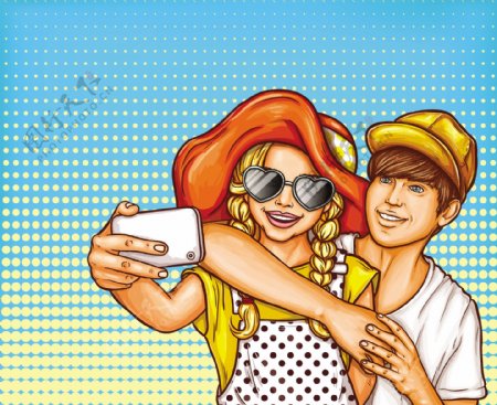 一个年轻的女孩和男孩在一个智能手机自拍矢量波普艺术插画