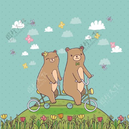 郊外骑双人自行车的情侣熊矢量图
