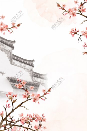 中国风建筑花朵背景