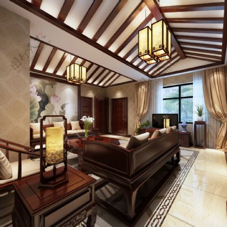 中式清雅客厅瓷砖地板室内装修效果图