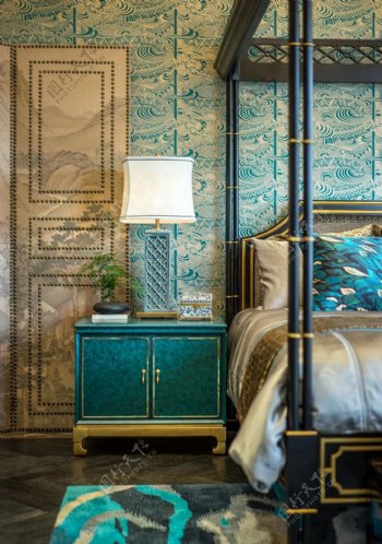 现代时尚奢华蓝色花纹背景墙室内装修效果图