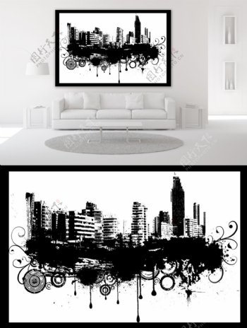 黑白城市装饰画样机