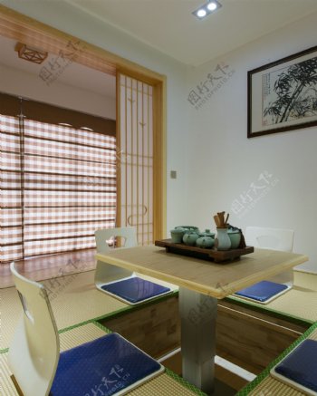 现代简约日式餐桌休闲窗帘射灯装修效果图