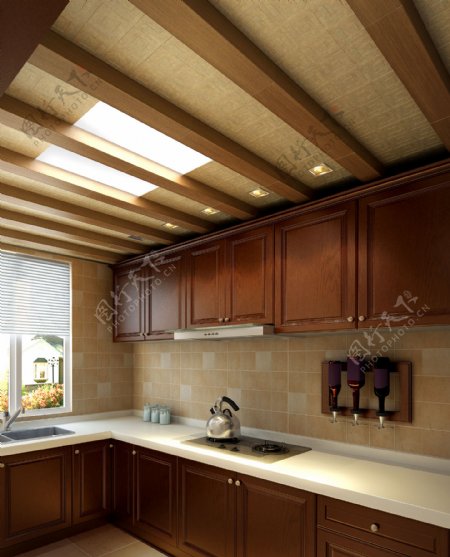 现代简约风室内设计厨房条纹吊顶效果图