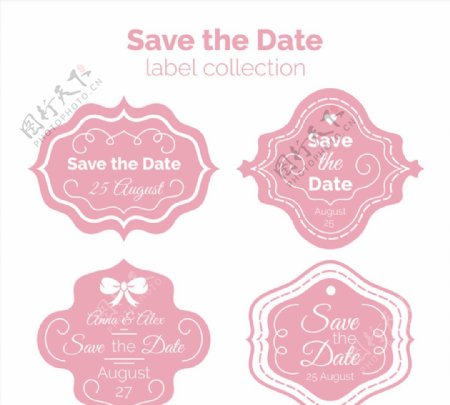 4款粉色婚礼标签设计矢量图