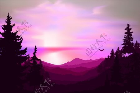 紫色水彩大自然风景美景