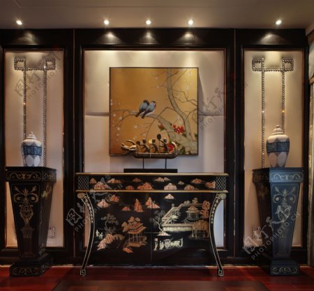 中式时尚客厅花纹木制柜子客厅室内装修图